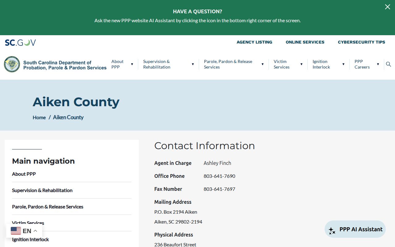 Aiken County parole and probation office contact record